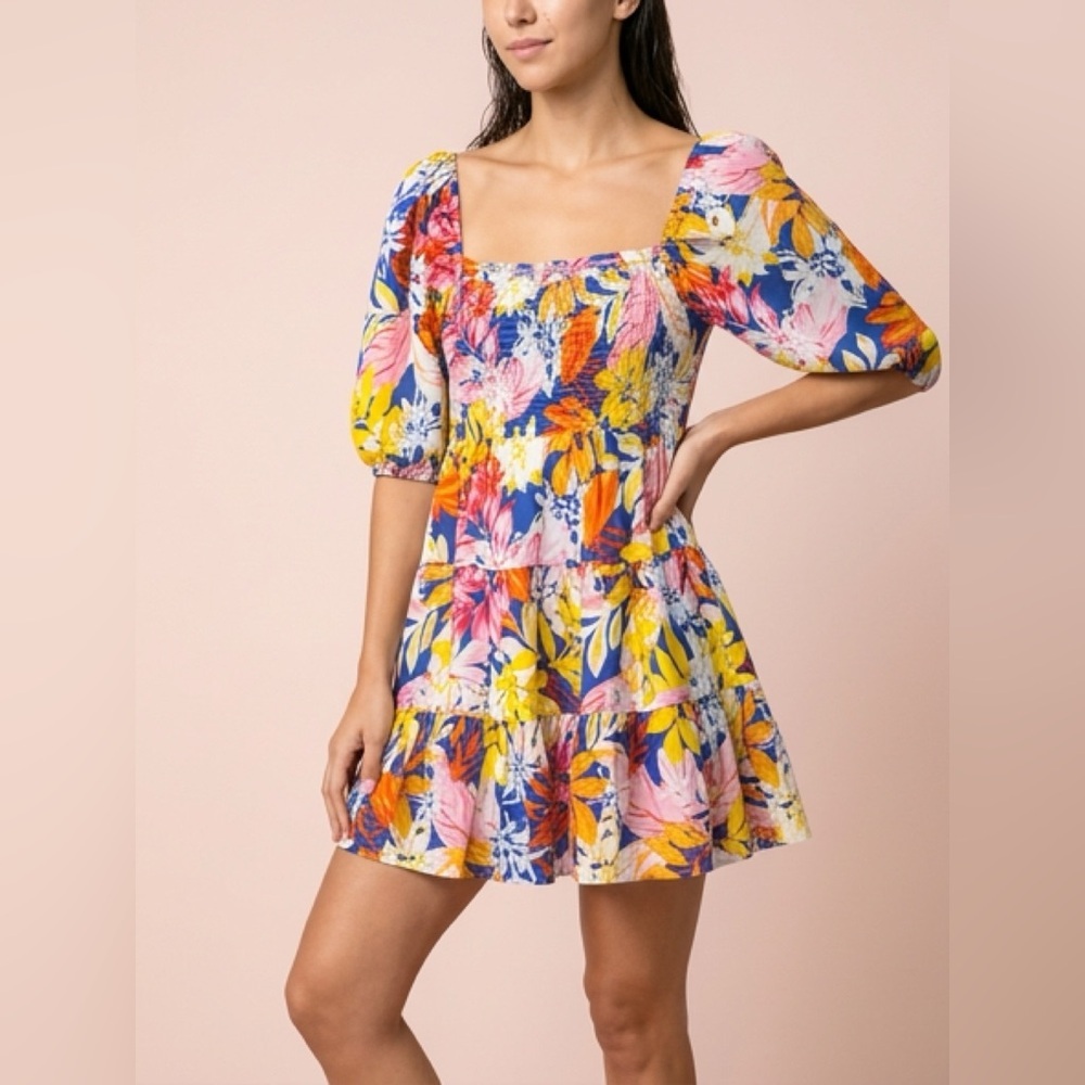Flying Tomato Smocked Puff Sleeve Cotton Floral Dress S - Anthropologie - Picture 2 of 7